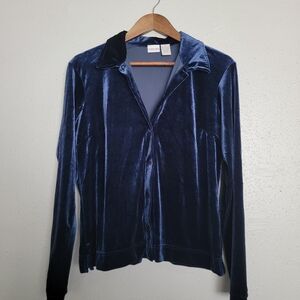 Cherokee Blue Crushed Velvet Collared Button Down Blouse